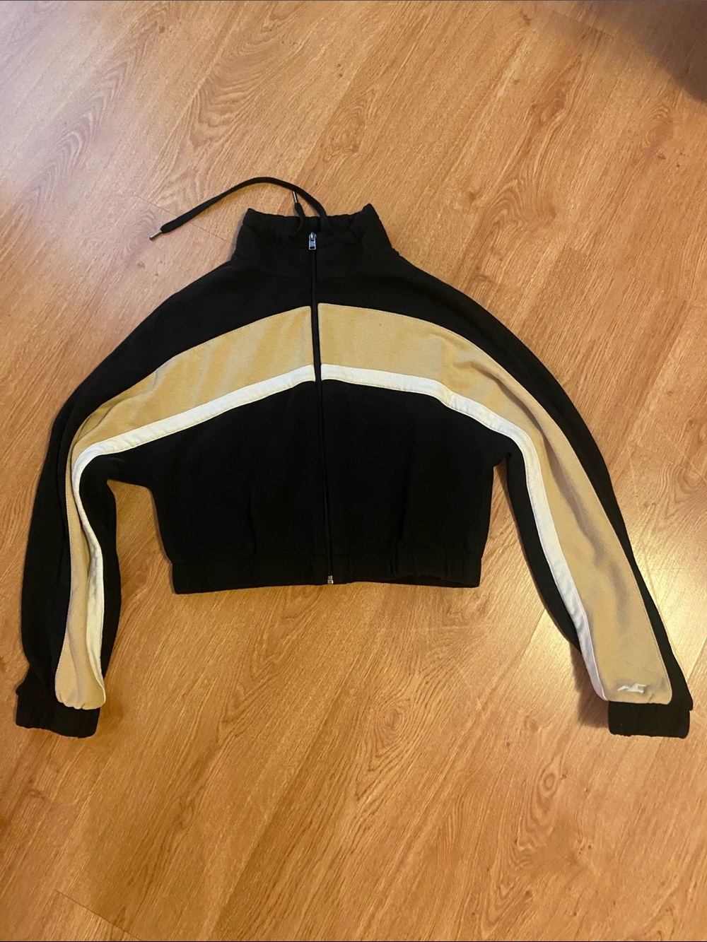 Hollister Black Cropped Bomber Jacket with Tan & White Stripes